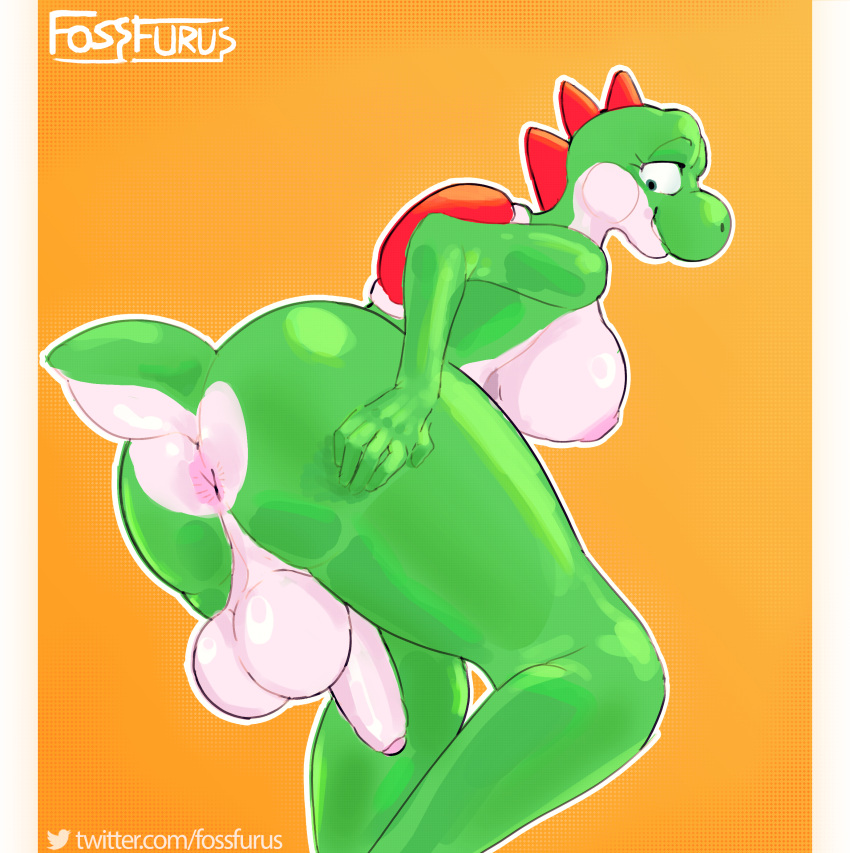 absurd_res anthro ass_up balls big_balls big_eyes big_penis breasts foreskin fossfurus genitals hand_on_butt hi_res intersex mario_(series) nintendo penis presenting smile solo tail uncircumcised yoshi