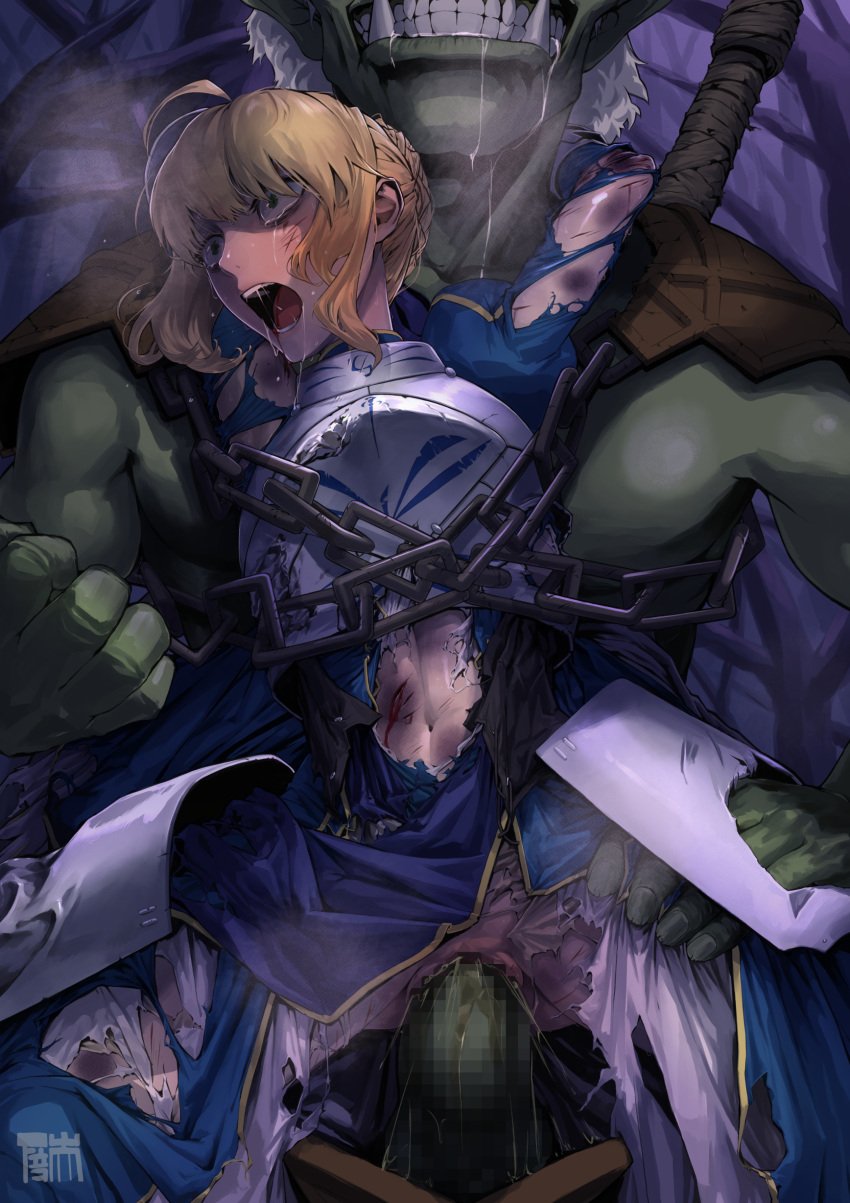 absurdres artoria_pendragon_(fate) blonde_hair censored chains defeat fanny_packing fate_(series) goblin goblin_male highres injury monster open_mouth rape ryona shitappa0120 tears torn_clothes vaginal_penetration