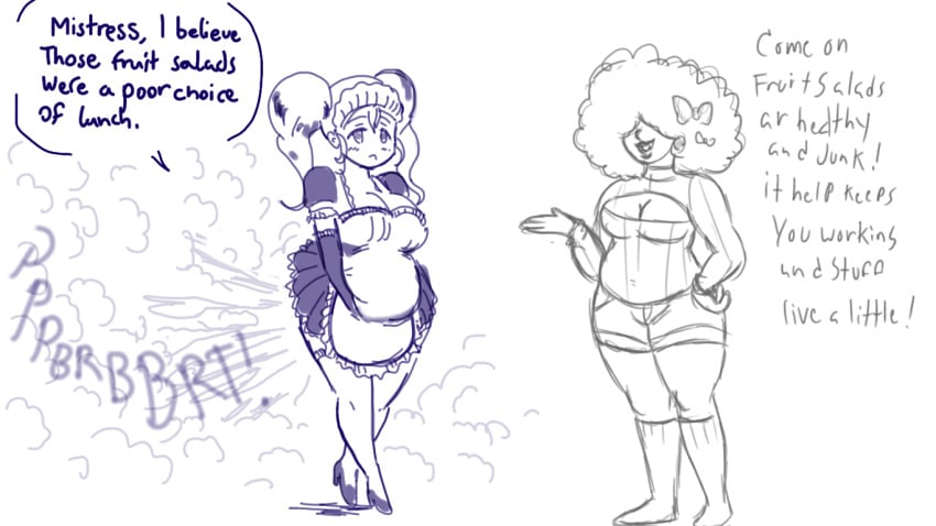 2girls afro big_belly bloated_belly blush clothed clothing clutching_stomach dialogue embarrassed fart female female_only gassy indigestion leshawk maid monochrome original original_character text twintails