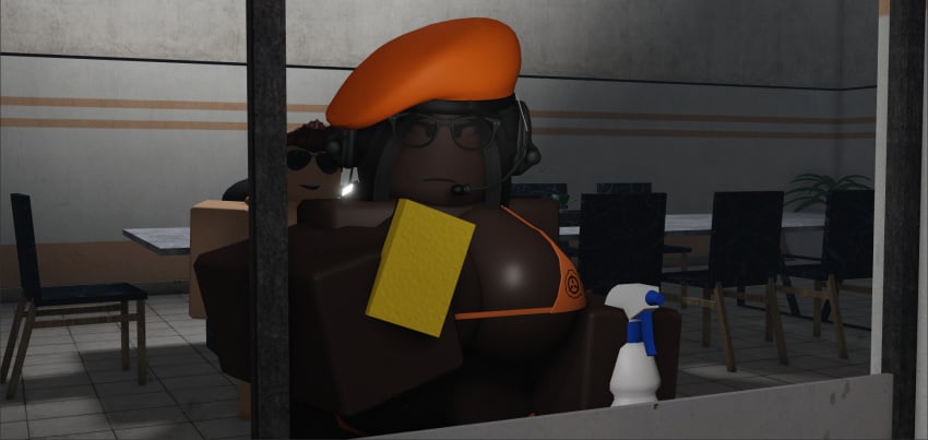 1boy 1boy1girl 1girls 3d big_boobs big_breasts black_glasses black_hair black_skin bra chair chairs cleaning_windows cometrr34 d-class dark-skinned_female dark_skin headphone headphones headphones_on_head microphone orange_bra roblox roblox_avatar robloxian scp_foundation self_upload sponge spying table white_skin white_skinned_male