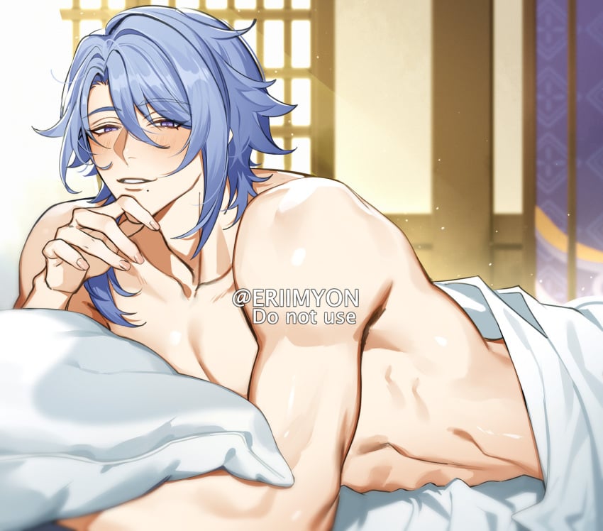 1boy bed bed_sheet blue_eyes blue_hair blush eriimyon eye_contact genshin_impact kamisato_ayato looking_at_viewer lying male male_focus male_only nude smile solo_male