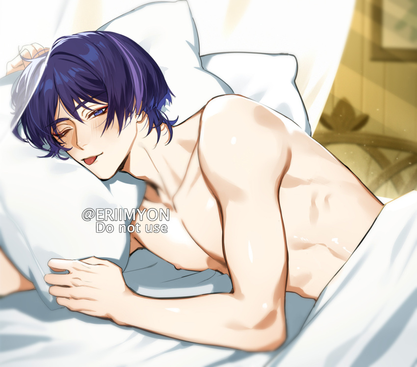 1boy bed bed_sheet blue_eyes blue_hair blush eriimyon eye_contact genshin_impact looking_at_viewer lying male male_focus male_only nipples nude one_eye_closed pillow scaramouche_(genshin_impact) solo_male tongue tongue_out wink