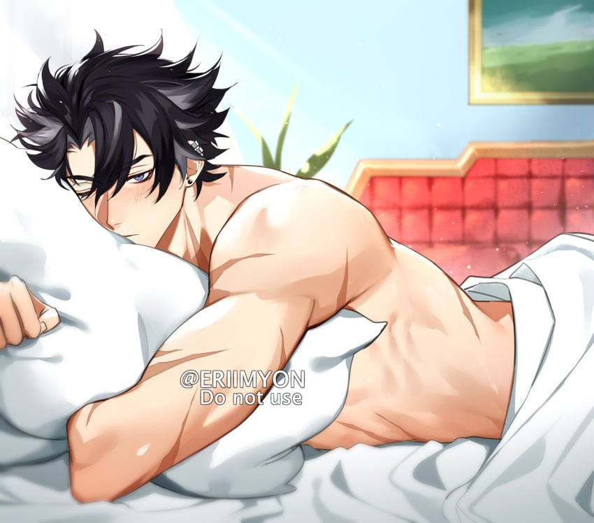 1boy bed bed_sheet black_hair blue_eyes blush ear_piercing eriimyon eye_contact genshin_impact looking_at_viewer lying male male_focus male_only nude one_eye_closed scar scars solo_male wriothesley_(genshin_impact)