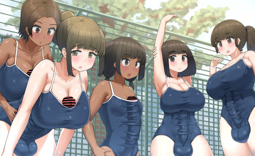 5futas :d :o armpits bar_censor black_hair blue_one-piece_swimsuit blush breasts bulge censored cleavage dark-skinned_futanari dark_skin erection erection_under_clothes futa_only futanari green_eyes green_hair hair_bun hand_on_own_hip highres huge_cock large_breasts long_hair multiple_girls one-piece_swimsuit original outdoors penis school_swimsuit shinshin shinshin_(momomeitiko) short_hair side_ponytail small_breasts smile swimsuit twintails