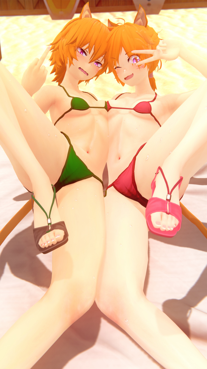 2girls 3d ;d angry armpits asymmetrical_docking atnilla bare_arms bare_legs bare_midriff barefoot beach bikini braid braided_ponytail breast_press breasts cat_ears cat_tail catgirl female female_only fire_emblem fire_emblem:_path_of_radiance fire_emblem:_radiant_dawn gesture green_bikini green_swimsuit laguz_(race) leg_up legs lethe_(fire_emblem) looking_at_viewer lyre_(fire_emblem) middle_finger midriff multiple_girls nintendo on_side one_eye_closed open_mouth orange_hair outdoors partially_visible_vulva pink_eyes ponytail pose red_bikini red_swimsuit sandals short_hair siblings sideboob sisters small_breasts smile spread_legs swimsuit tail underboob v wink