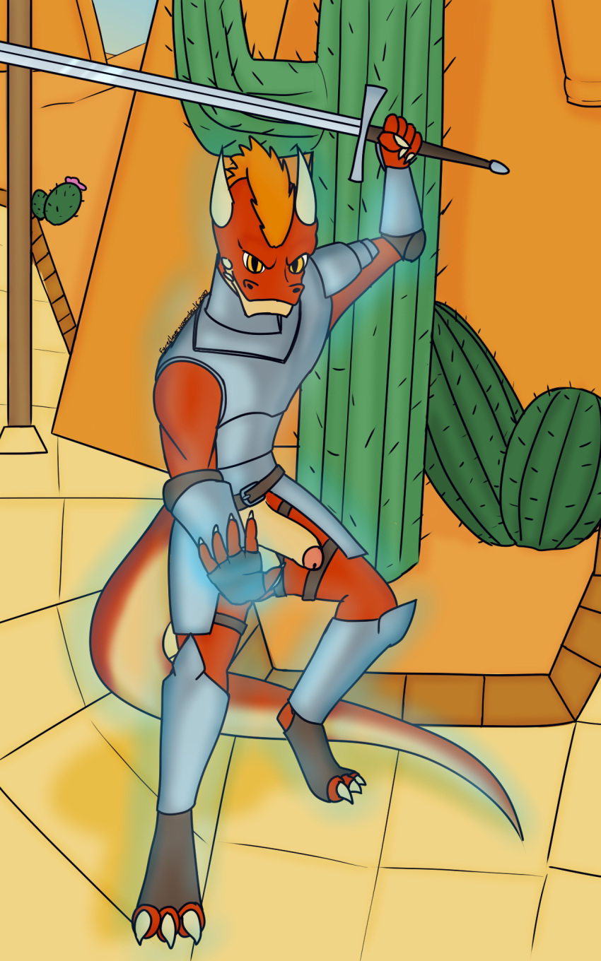 anthro armor bottomless cactus clothed clothing fyreblazes genitals hair hi_res horn male melee_weapon orange_eyes orange_hair penis plant red_body solo sword weapon