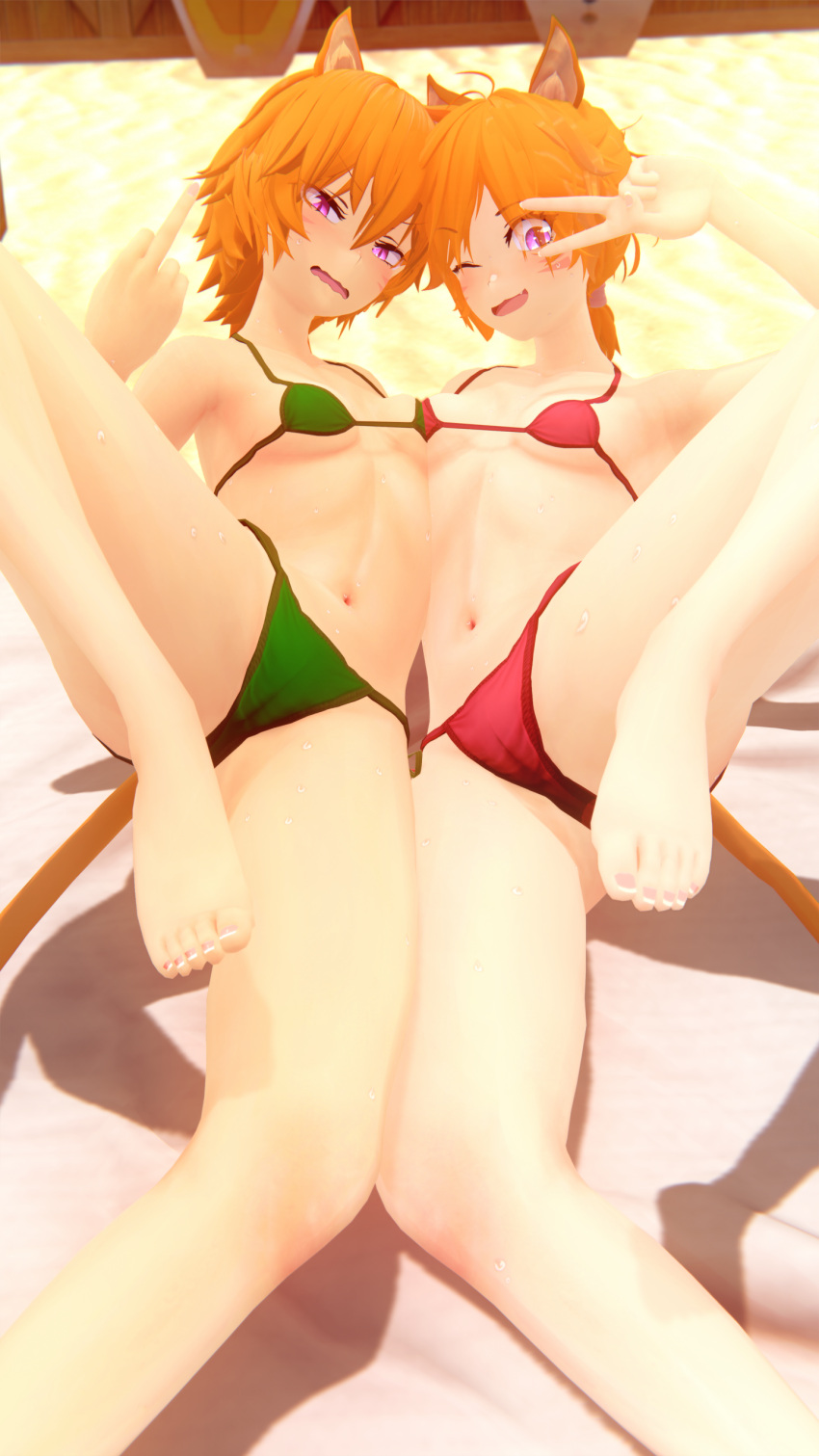 2girls 3d ;d angry armpits asymmetrical_docking atnilla bare_arms bare_legs bare_midriff barefoot beach bikini braid braided_ponytail breast_press breasts cat_ears cat_tail catgirl female female_only fire_emblem fire_emblem:_path_of_radiance fire_emblem:_radiant_dawn gesture green_bikini green_swimsuit laguz_(race) leg_up legs lethe_(fire_emblem) looking_at_viewer lyre_(fire_emblem) middle_finger midriff multiple_girls nintendo on_side one_eye_closed open_mouth orange_hair outdoors partially_visible_vulva pink_eyes ponytail pose red_bikini red_swimsuit short_hair siblings sideboob sisters small_breasts smile spread_legs swimsuit tail underboob v wink