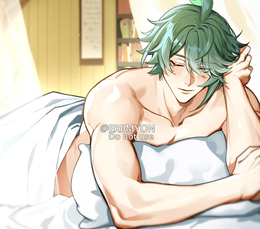 1boy alhaitham_(genshin_impact) bed bed_sheet blush eriimyon eye_contact genshin_impact green_eyes green_hair looking_at_viewer lying male male_focus male_only nude one_eye_closed pillow solo_male wink