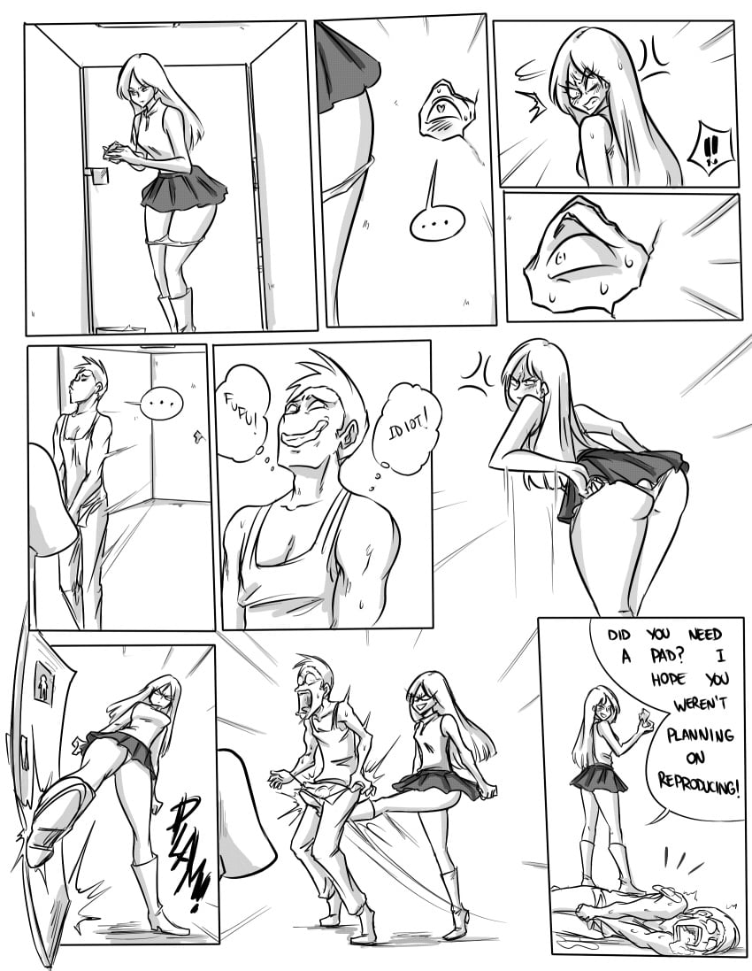 1boy angry ass ball_busting bare_arms bare_legs bondage boots cbt cock_and_ball_torture crotch_kick female femdom foaming_at_the_mouth kicking legs long_hair lying miniskirt ocigart panties peeing peeping penis sexual_harassment skirt speech_bubble standing standing_on_one_leg tank_top testicles thighs toilet underwear