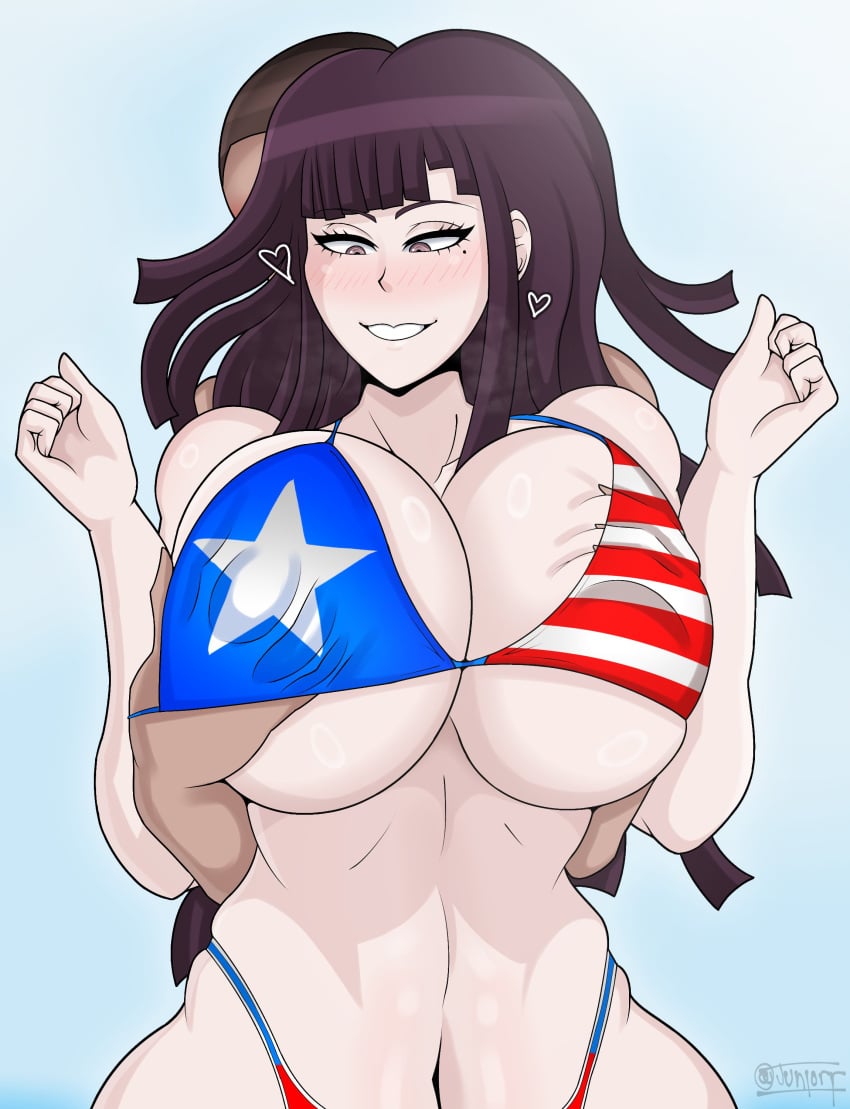 1boy 1boy1girl 1girls alternate_version_available big_breasts blush breast_grab danganronpa danganronpa_2:_goodbye_despair dark-skinned_male fondling fondling_breast grabbing_from_behind hands_on_breasts heart junior_art_ juniorr_rexin liberian_flag puerto_rican_flag puerto_rican_flag_bikini purple_eyes purple_hair tsumiki_mikan