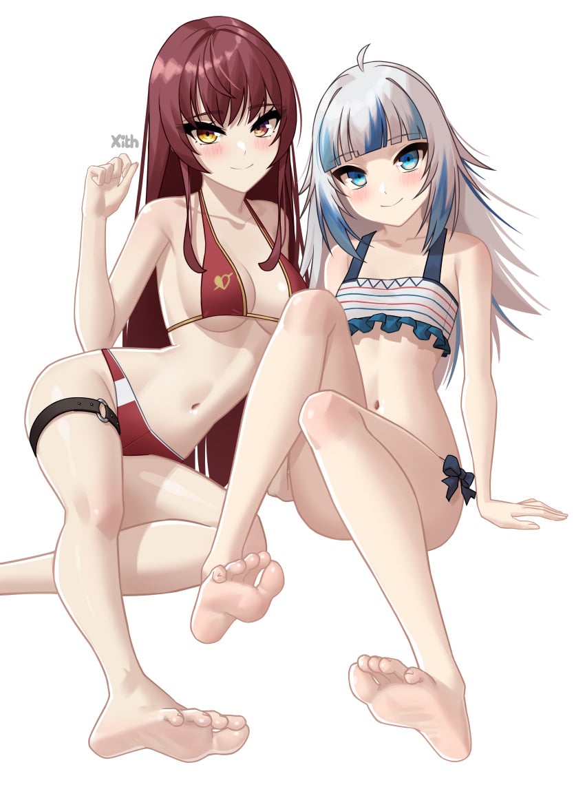 2girls :) ahoge bare_shoulders barefoot belly bikini blue_eyes blush breast_size_difference breasts cleavage collarbone dark_red_hair feet female female_only foot_fetish gawr_gura head_tilt highres hololive hololive_english hololive_fantasy hololive_japan hololive_myth houshou_marine houshou_marine_(4th_costume) legs light-skinned_female looking_at_viewer multiple_girls navel red_hair sitting smile smiling smiling_at_viewer stomach swimsuit thigh_strap underboob virtual_youtuber waist white_background white_hair x_xith_x yellow_eyes