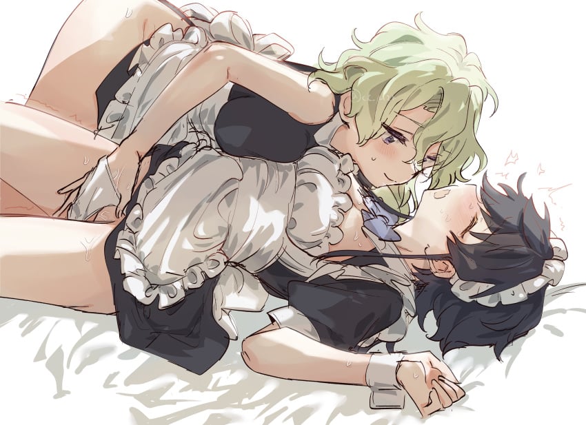 2girls absurdres apron black_dress black_hair breasts cleavage closed_eyes currytabeyo dress ensemble_stars! fingering genderswap_(mtf) green_hair hairband highres large_breasts lying maid maid_apron maid_headdress medium_breasts medium_hair multiple_girls on_back on_bed purple_eyes rule_63 sazanami_jun short_sleeves tomoe_hiyori white_apron white_hairband yuri