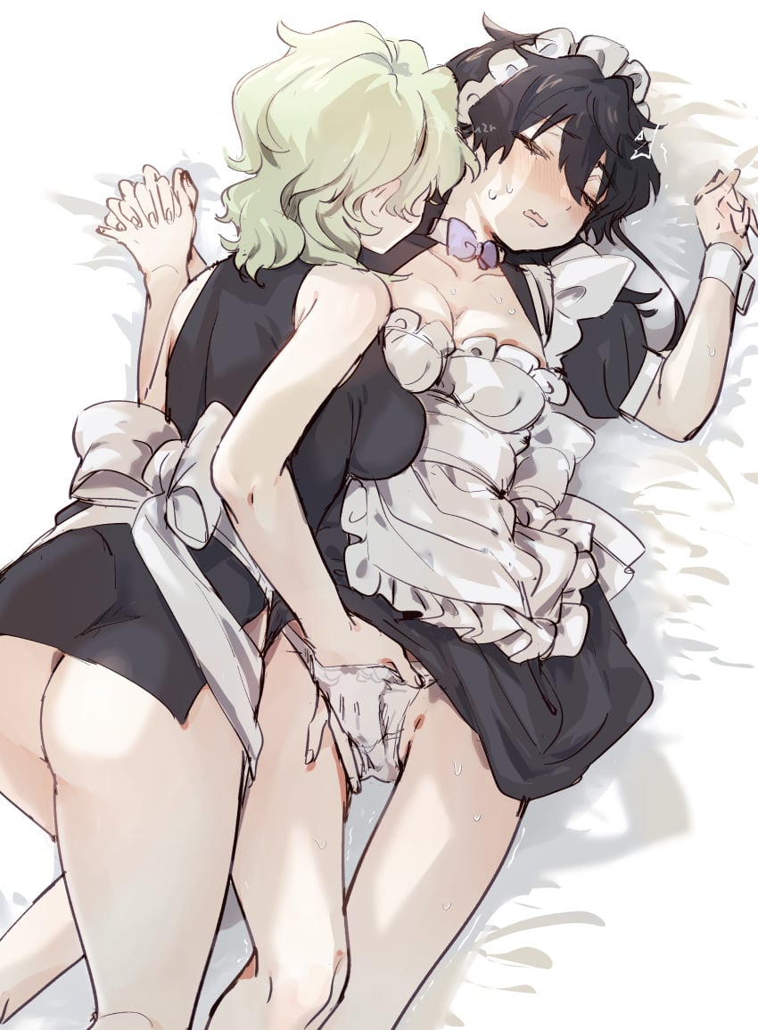 2girls absurdres apron black_dress black_hair breasts cleavage currytabeyo dress ensemble_stars! fingering fingering_through_clothes fingering_through_panties genderswap_(mtf) green_hair hairband highres large_breasts lying maid maid_apron maid_headdress medium_breasts medium_hair multiple_girls on_back on_bed panties rule_63 sazanami_jun short_sleeves through_clothes tomoe_hiyori underwear white_apron white_hairband white_panties yellow_eyes yuri