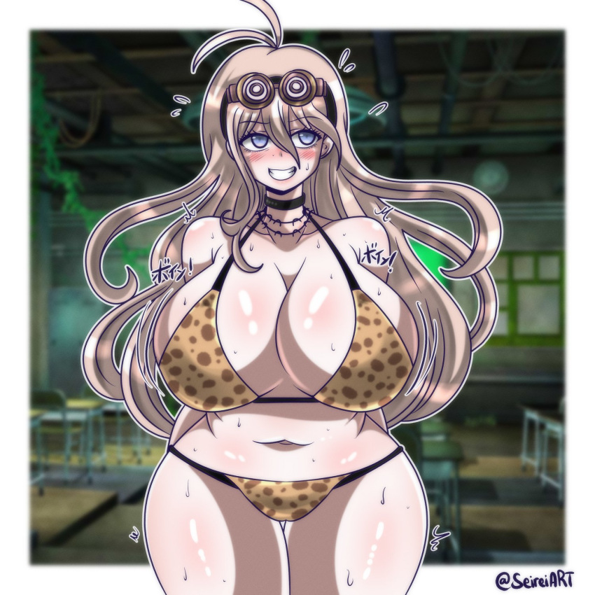 1girls big_breasts bikini blue_eyes blurred_background blush breasts busty cleavage collar danganronpa danganronpa_v3 glasses_on_head grin hourglass_figure huge_breasts iruma_miu japanese_text large_breasts leopard_print leopard_print_bikini light-skinned_female long_hair platinum_blonde_hair seireiart sideboob solo solo_female spike_chunsoft sweat sweaty_body teeth thick_thighs thighs voluptuous voluptuous_female white_background