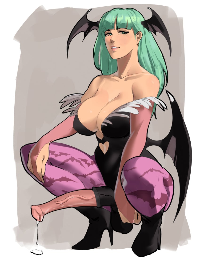 1futa 2021 balls bangs bat_print big_breasts breasts capcom clothed clothing crouching cum_drip cum_leaking darkstalkers dickgirl dickgirl_only erection futa_only futanari gauntlets green_eyes green_hair head_wings heart_cutout heel_boots high_heel_boots high_heels horsecock huge_cock humanoid large_breasts leotard light-skinned_futanari light_skin long_hair looking_at_viewer looking_back morrigan_aensland mostly_clothed pantyhose penis pink_pantyhose skullworms smile smiling smiling_at_viewer solo squatting succubus succubus_wings very_high_resolution wings