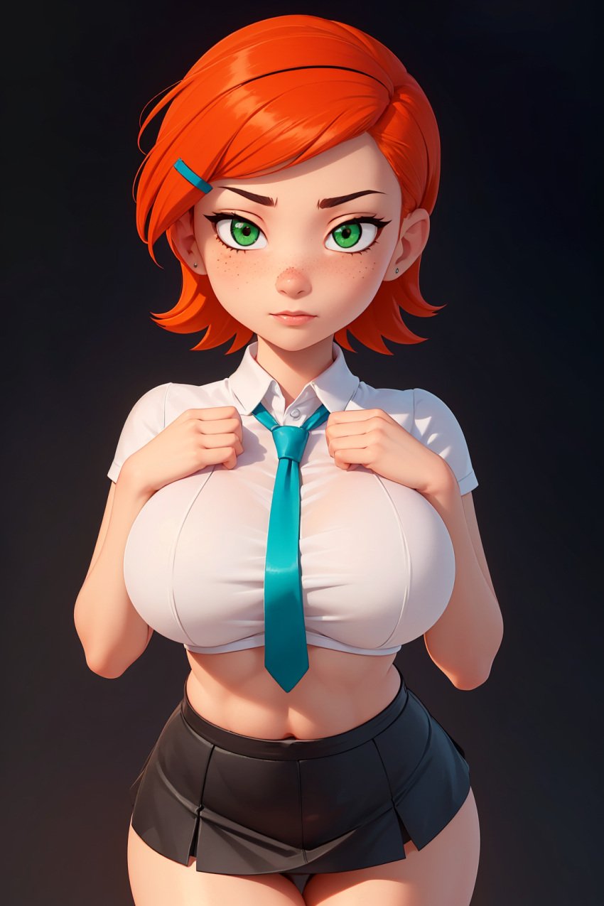 1girls aged_up ai_generated alternate_breast_size ben_10 big_breasts female female_only ginger gwen_tennyson large_breasts miniskirt pin3d red_hair school_uniform schoolgirl solo stable_diffusion tagme