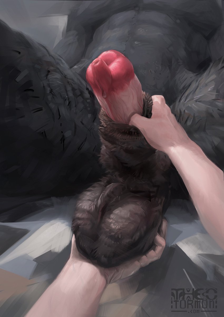 absurd_res animal_genitalia animal_penis ball_grab balls bodily_fluids canine_genitalia canine_penis close-up disembodied_hand fingers fur genital_fluids genitals half-erect hi_res humanoid_hands male penis playing precum sheath sheath_play simple_background spread_legs spreading theotormon_(artist) werewolf