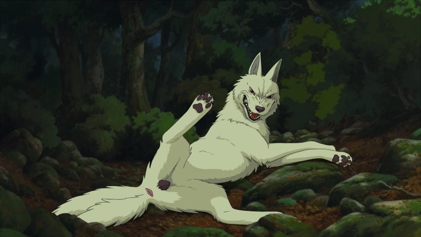 absurd_res animal_genitalia animal_pussy anus canid canine canine_genitalia canine_pussy canis fangs female feral fur genitals hi_res mammal moro pawpads paws plant princess_momonoke pussy quadruped solo studio_ghibli tail teeth the_giant_hamster tree wolf