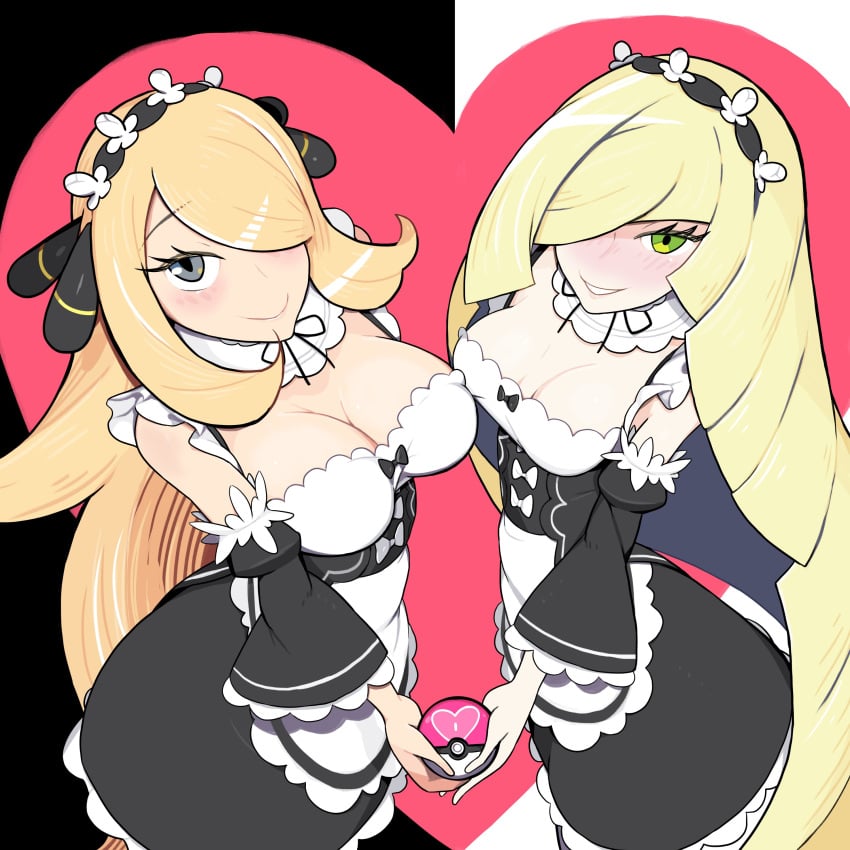 2girls alternate_version_available big_breasts black_eyes blonde_hair blush breasts cleavage cynthia_(pokemon) female female_only game_freak green_eyes hair hair_over_one_eye headwear huge_breasts long_hair looking_at_viewer lusamine_(pokemon) maid maid_headdress maid_outfit maid_uniform mature mature_female mature_woman milf mother pokeball pokemon pokemon_dppt pokemon_sm ram_(re:zero)_(cosplay) re:zero_kara_hajimeru_isekai_seikatsu rem_(re:zero)_(cosplay) roswaal_mansion_maid_uniform smile yakumo_ryoujin