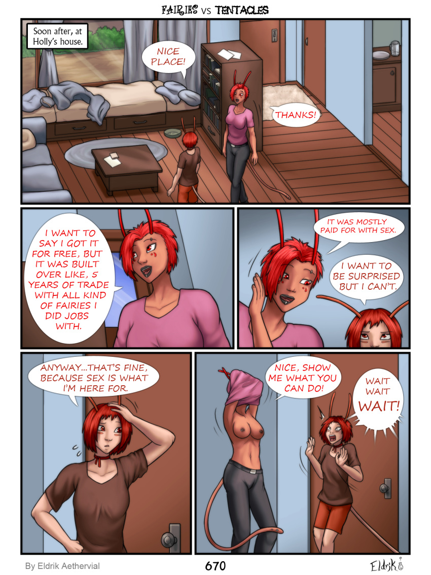 antennae cheek_markings chocker comic eldrik_aethervial english_text fairies_vs_tentacles female holly_(fvt) irah_(fvt) lip_piercing page_670 red_eyes red_hair tail undressing