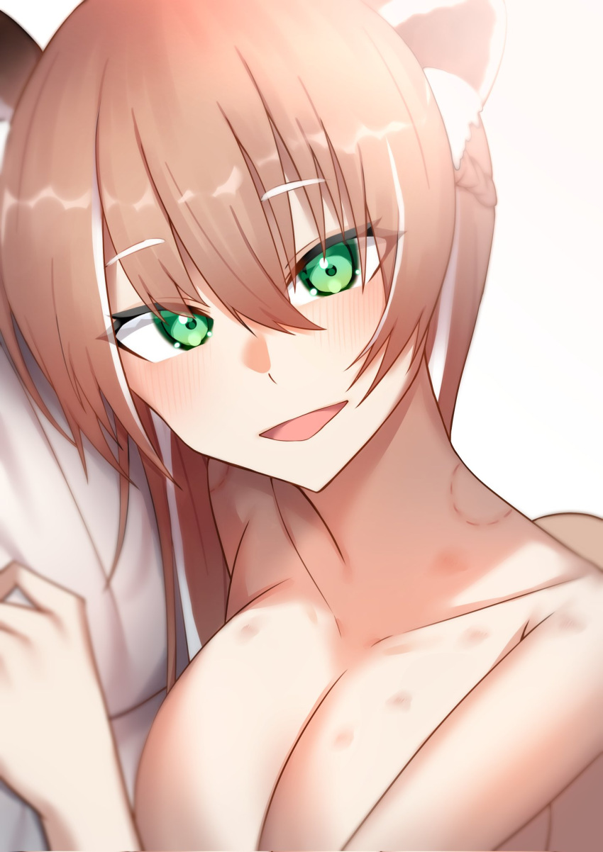 1girls angel_sword_studios bed bed_sheet bite_mark bite_mark_on_neck bite_mark_on_shoulder female green_eyes hickey hickey_marks indie_virtual_youtuber looking_at_viewer medium_breasts naked pillow pov pov_eye_contact red_hair red_panda red_panda_ears sigua1315 smile smiling smiling_at_viewer solo_female streaked_hair virtual_youtuber vtuber waking_up wholesome yuria_of_ailurus