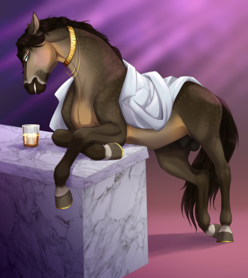 alcoholic_drink animal_genitalia balls bedroom_eyes brown_body brown_fur brown_hair clothed clothed_feral clothing equid equine feral fully_sheathed fur genitals glass hair hi_res hooves horse kamilazu looking_at_viewer male mammal narrowed_eyes seductive sheath shirt solo topwear zoophilia