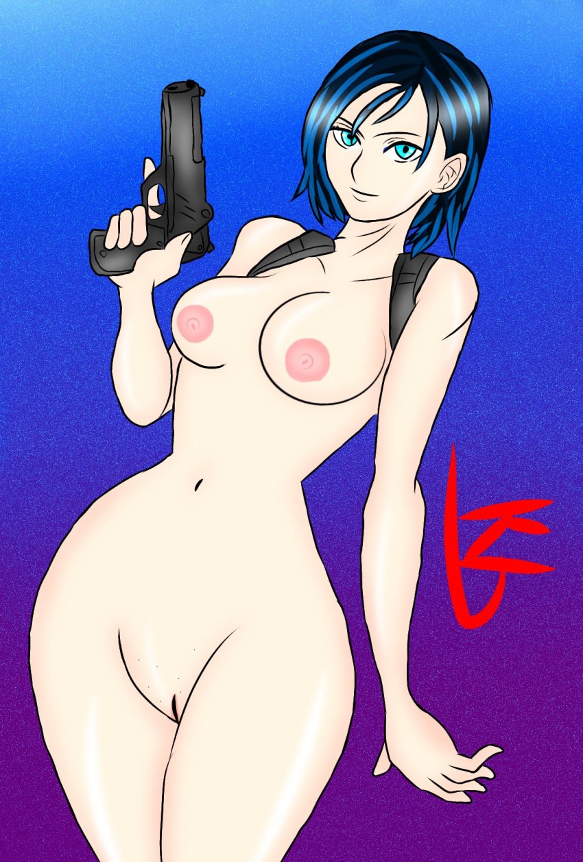 1girls asian black_hair blue_eyes blue_hair cosplay el_diario_de_jonathan female firearm gun handgun harness holding_object japanese jill_valentine_(cosplay) kb_arts nude nude_female pale-skinned_female pale_skin resident_evil selene_(eddj) shaved_pussy short_hair solo solo_female tactical_nudity two_tone_hair weapon