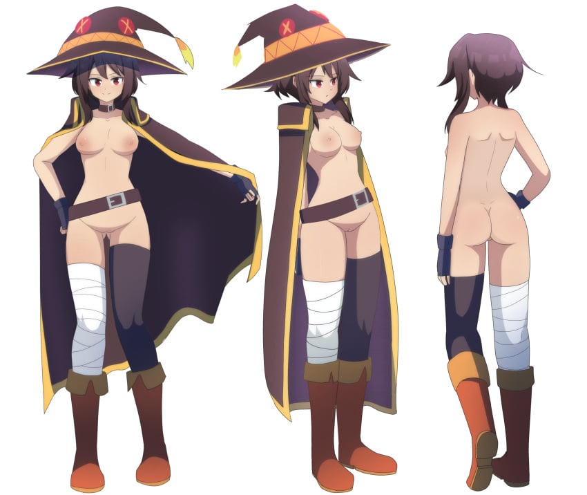 1girls ass back_view belly_button belt big_breasts breasts casual casual_exposure casual_nudity character_sheet cloak clothing collar excited exhibitionism exposed exposed_ass exposed_breasts exposed_nipples exposed_pussy exposed_torso female female_only footwear functionally_nude handwear headwear human kono_subarashii_sekai_ni_shukufuku_wo! legwear looking_at_viewer megumin nipples nude nude_female open_clothes outerwear pale_skin partially_clothed partially_nude pussy white_background witch_hat zukafu_shimoto