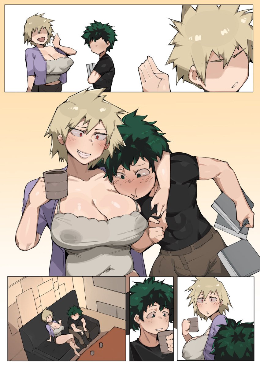 1boy 1girls arm_around_neck bakugou_mitsuki big_breasts big_hips big_nipples big_thighs blonde_hair blush blush_lines bobtheneet boku_no_hero_academia breasts comic comic_page elijahzx erect_nipples_under_clothes green_eyes green_hair hips huge_breasts huge_nipples imminent_sex izuku_midoriya large_breasts messy_hair midoriya_izuku milf mitsuki_bakugou mug muscles_through_clothes muscular_male my_hero_academia nipple_bulge nipples part_2 red_eyes sex short_hair spiked_hair spiky_hair thick_thighs thighs