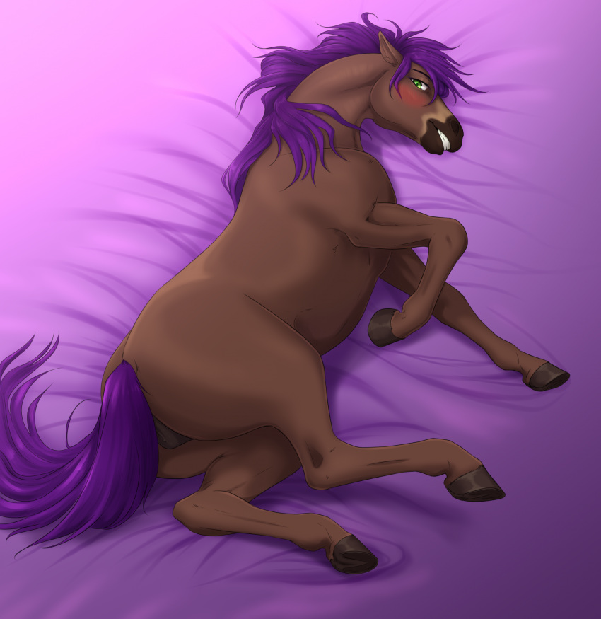 anatomically_correct anatomically_correct_genitalia anatomically_correct_pussy animal_genitalia animal_pussy blush brown_body brown_fur equid equine equine_genitalia equine_pussy female feral fur genitals green_eyes hair hi_res hooves horse kamilazu lying mammal on_side purple_hair pussy smile solo