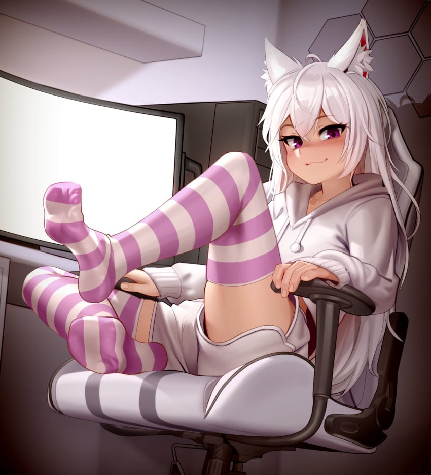 1girls chair clothing feet feet_up feet_visible_through_clothing foot_fetish foot_focus high_socks high_thighs kairuhentai kairunoburogu purple_eyes shiro_(lpshiro) shorts sock_fetish socks sole_female soles soles_of_feet_in_socks solo_female staring_at_viewer striped_legwear striped_socks striped_thighhighs sweater sweatshirt thigh_socks thighhighs thighs toes_visible_through_clothing white_hair