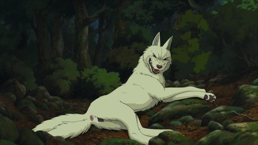 absurd_res animal_genitalia animal_pussy anus canid canine canine_genitalia canine_pussy canis fangs female feral fur genitals hi_res mammal moro pawpads paws plant princess_momonoke pussy quadruped solo studio_ghibli tail teeth the_giant_hamster tree wolf