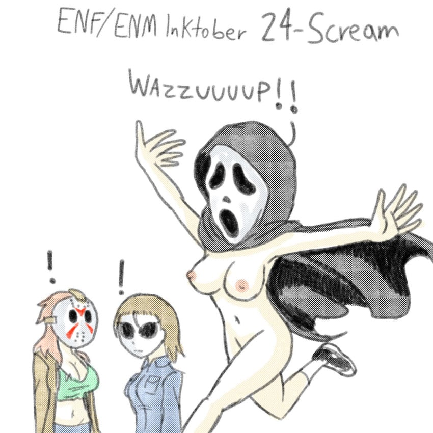 3girls black_sneakers breasts cleavage clothed/nude clothed_female_nude_female clothed_on_nude crop_top female female_only friday_the_13th functionally_nude functionally_nude_female genderswap_(mtf) ghostface ghostface_(scream) halloween_(series) hockey_mask hooded_cloak inktober inktober_2021 jacket jason_voorhees jumpsuit long_hair mask michael_myers midriff mostly_nude nairod103098 naked_cloak naked_sneakers navel nipples nude nude_female only_one_naked open_jacket practically_nude running scream_(franchise) short_hair sneakers streaking