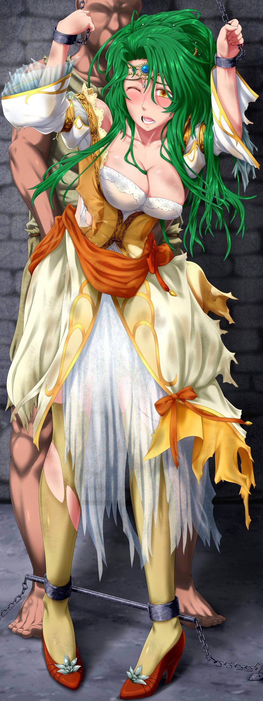 1boy 1girls alternate_costume arms_up bare_midriff bare_shoulders blush bondage bound breasts captured chains cleavage collarbone defeated dirty dress dungeon elincia_ridell_crimea elincia_ridell_crimea_(devoted_queen) female female_focus femsub fire_emblem fire_emblem:_path_of_radiance fire_emblem:_radiant_dawn fire_emblem_heroes from_behind_position green_hair groping high_heels hip_grab imminent_rape imminent_sex indoors large_breasts long_hair long_sleeves male maledom messy messy_hair midriff molestation nintendo official_alternate_costume one_eye_closed open_mouth queen rape restrained royalty see-through shackles shoulders solo_focus standing_sex tearing_up tears tetoran thighhighs thighs tied_up torn_clothes