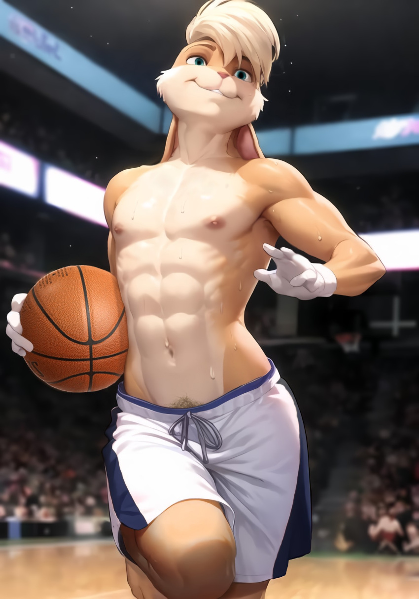 abs ai ai_generated anthro athletic athletic_male basketball basketball_(ball) basketball_court basketball_jersey basketball_shorts basketball_uniform bunny clothed clothing finaleclipse furry genderswap genderswap_(ftm) gloves jacked lagomorph leporid lola_bunny looney_tunes male male_focus male_only muscles muscular muscular_male navel nipples paws pubes rabbit revealing_clothes rule_63 shirtless solo solo_male space_jam sportswear stable_diffusion sweat sweating tagme warner_brothers