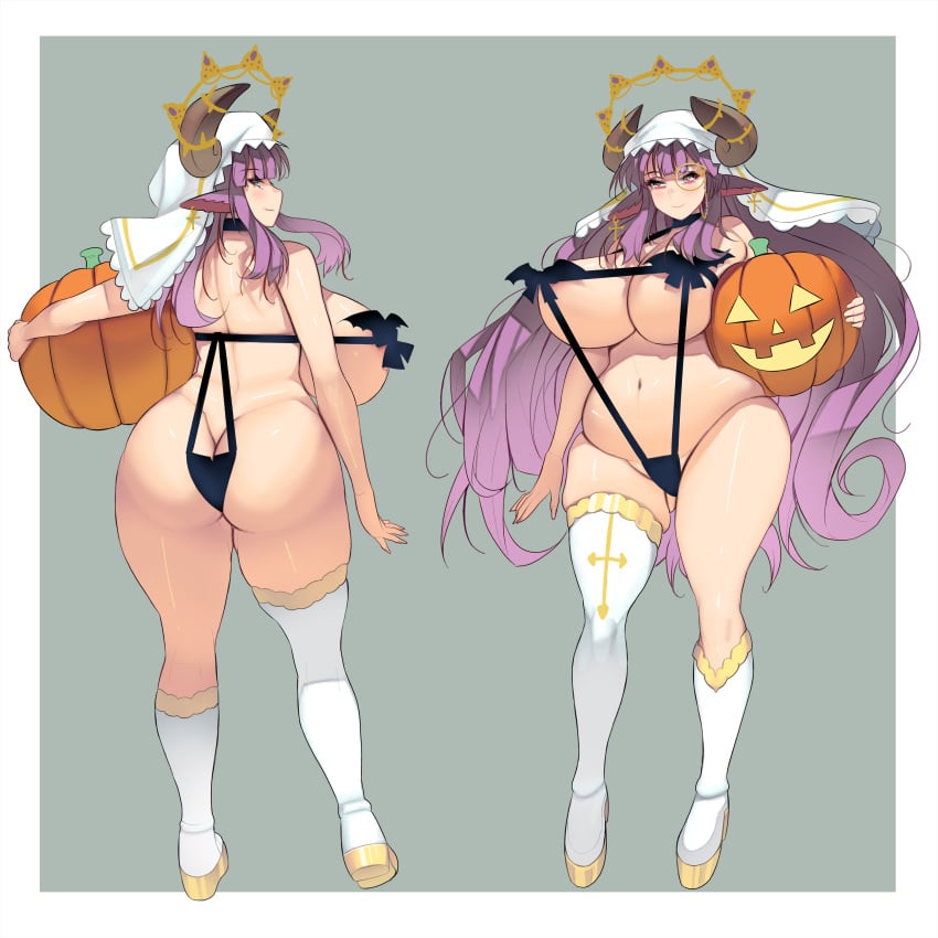 1girls animal_ears ass belly_button big_butt breasts chubby cleavage clothed clothing female female_only halloween horns huge_breasts indie_virtual_youtuber jack-o'-lantern kuromiya_lucien light-skinned_female light_skin masao monocle pumpkin purple_hair red_eyes revealing_clothes sheep_ears sheep_girl sheep_horns skimpy_clothes solo virtual_youtuber