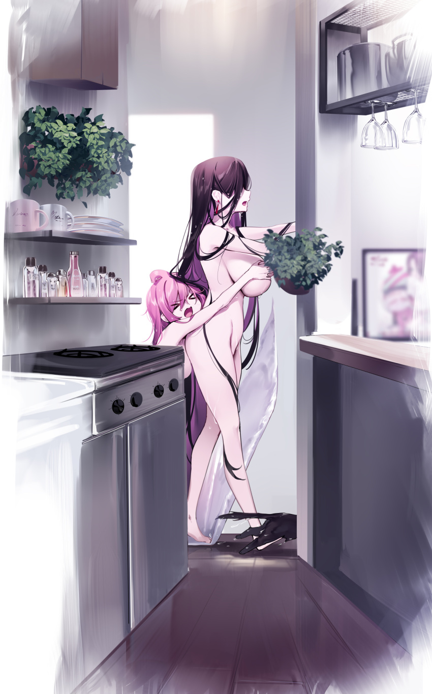 >_< 2girls absurdres ahoge bottle breasts brown_hair colored_inner_hair completely_nude covering_another's_breasts cup drinking_glass earrings feline highres huge_breasts indoors jewelry kitchen long_hair multicolored_hair multiple_girls nude open_mouth original oven pink_hair plant potted_plant very_long_hair walking yaguo