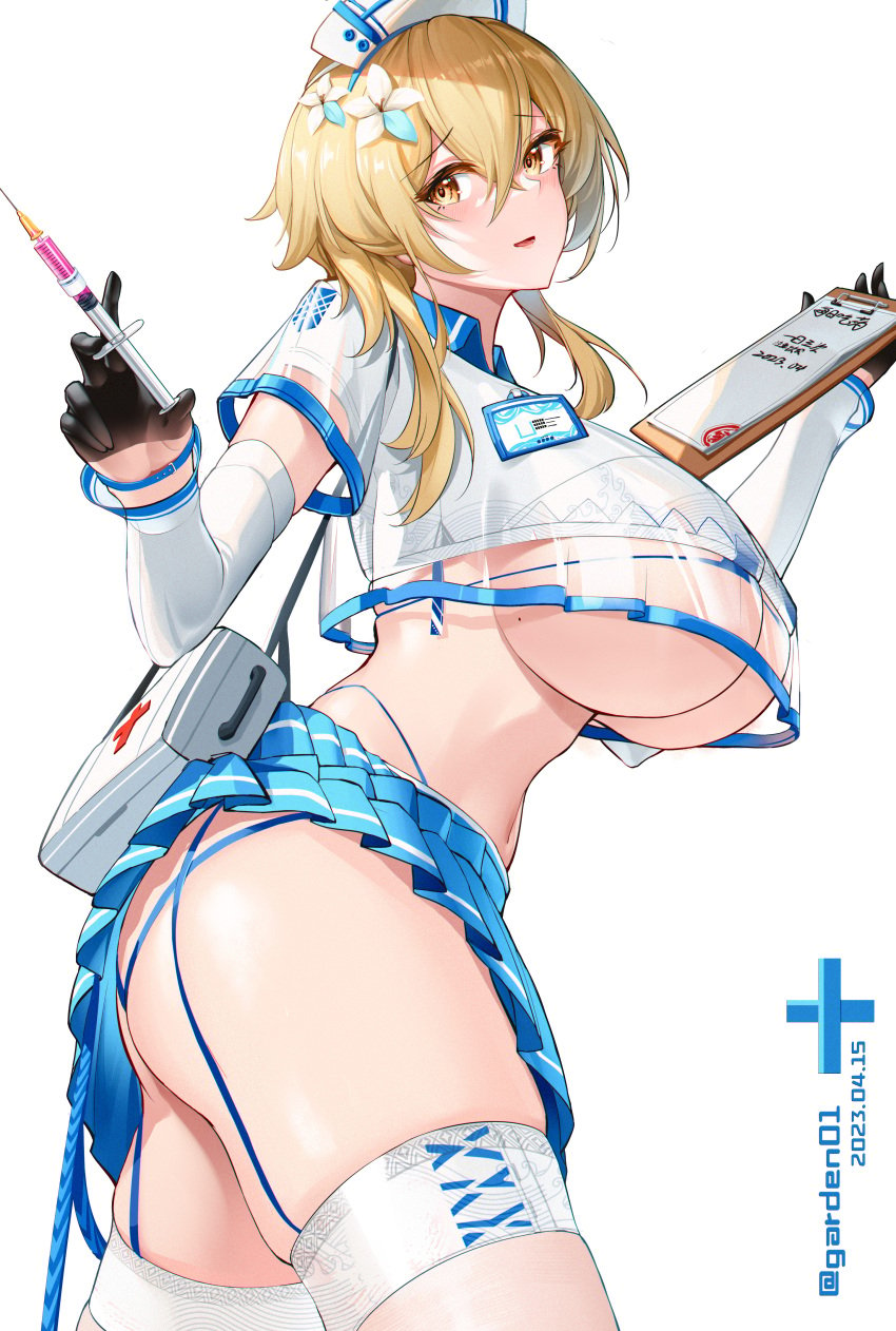 1girls ass blonde_hair blue_skirt breasts clipboard crop_top first_aid_kit garden01 genshin_impact gloves hair_flower holding_clipboard holding_syringe id_card large_breasts looking_at_viewer lumine_(genshin_impact) midriff mole mole_on_breast name_tag navel needle nurse nurse_cap nurse_uniform short_hair short_skirt skirt syringe thighhighs thong underboob underwear white_crop_top yellow_eyes