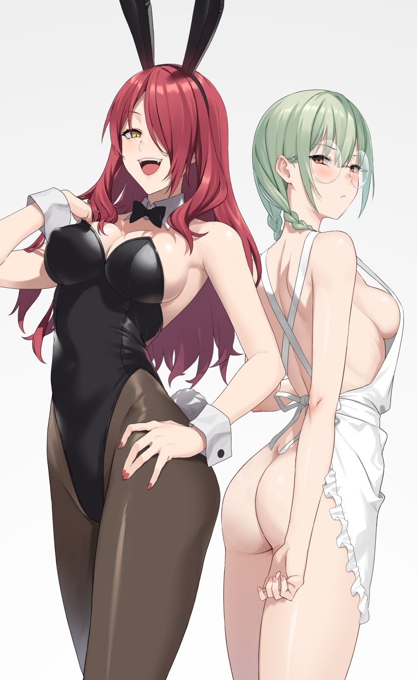 2girls absurdres animal_ears apron ass back bare_shoulders black_leotard blush bow bowtie braid breasts brown_pantyhose cleavage covered_navel detached_collar fake_animal_ears glasses green_hair hair_over_one_eye highleg highleg_leotard highres kinokuni_nene kobayashi_rindou large_breasts leotard long_hair looking_at_viewer looking_back low_twin_braids medium_breasts multiple_girls naked_apron open_mouth pantyhose playboy_bunny prime rabbit_ears rabbit_tail red_eyes red_hair revealing_clothes round_eyewear shokugeki_no_souma short_hair sideboob smile tail thighs twin_braids white_apron wrist_cuffs yellow_eyes