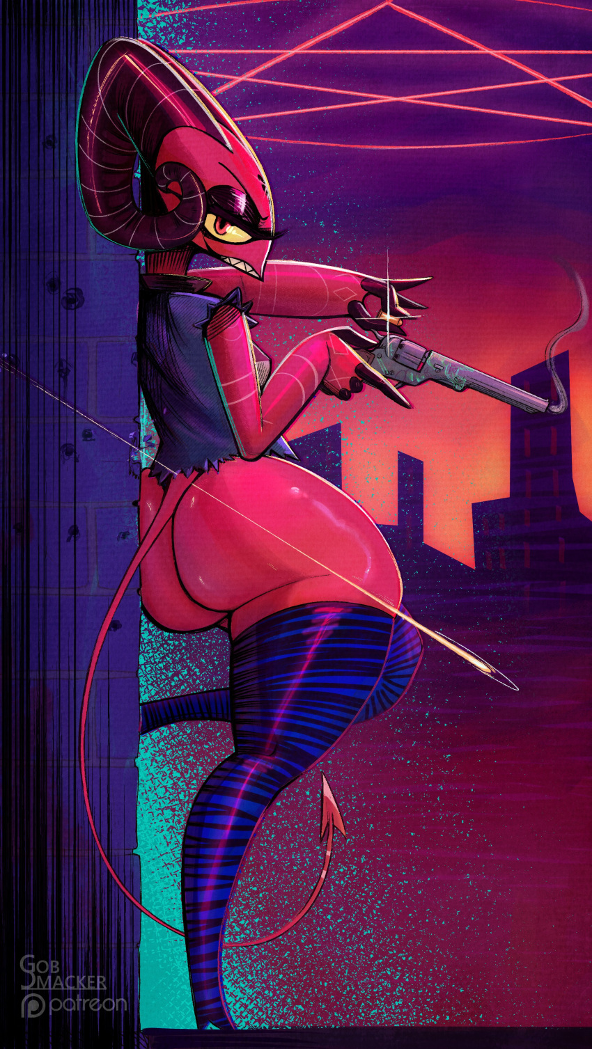 absurd_res anthro ass barbie_wire big_butt birthmark breasts claws clothed clothing detailed_background female firearm gobsmacker gun handgun helluva_boss hi_res holding_object holding_weapon horn humanoid imp markings narrowed_eyes open_mouth open_smile partially_clothed ranged_weapon red_body red_eyes revolver shooting smile solo thick_thighs weapon