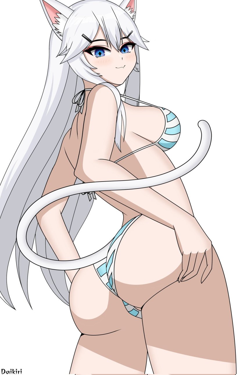 1girls ass ass_support back back_view backside big_ass big_butt bikini blue_bikini blue_eyes blush butt cat_ears cat_tail catgirl daikiri_di_mon hand_on_ass hand_on_butt hand_on_hip hand_on_thigh indie_virtual_youtuber long_hair looking_at_viewer looking_back looking_back_at_viewer looking_down looking_down_at_viewer low-angle_view thick_thighs thighs veibae virtual_youtuber vtuber white_background white_bikini white_hair