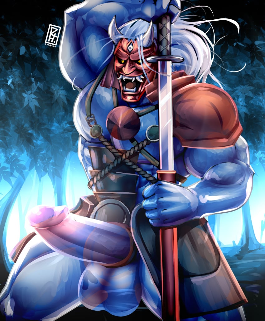 1boy balls bara barazoku big_balls big_penis dbd dead_by_daylight gay hi_res highres kazan_yamaoka looking_at_viewer male male_focus male_only manly muscular_male penis solo solo_male the_oni_(dbd) yaoi