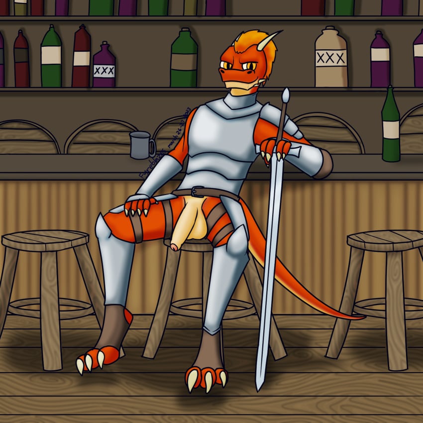 anthro armor bar bar_stool bottomless breastplate clothed clothing footwear furniture fyreblazes genitals gorget hair handwear hi_res kobold male melee_weapon orange_eyes orange_hair paldrons penis red_body solo stool sword weapon