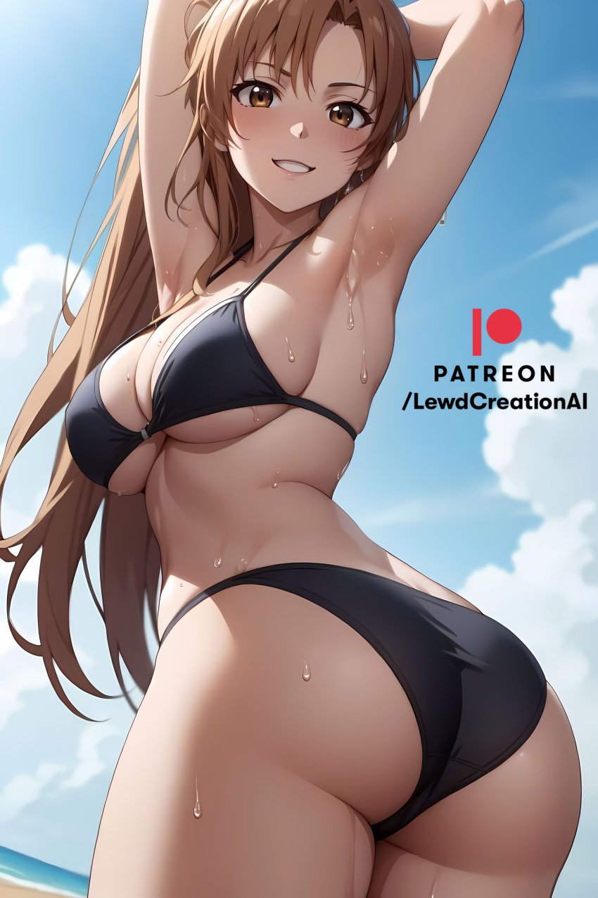 ai_generated armpit armpit_crease armpit_fetish armpits arms_behind_head arms_up beach big_breasts bikini blush blush_lines brown_hair cleavage curvy curvy_body curvy_female curvy_figure large_breasts lewdcreationsai looking_at_viewer nipple_bulge nipples orange_hair outdoors smile smiling smiling_at_viewer stable_diffusion sword_art_online sword_art_online:_fairy_dance sword_art_online:_phantom_bullet sword_art_online_alicization wet wet_body wet_skin yuuki_asuna