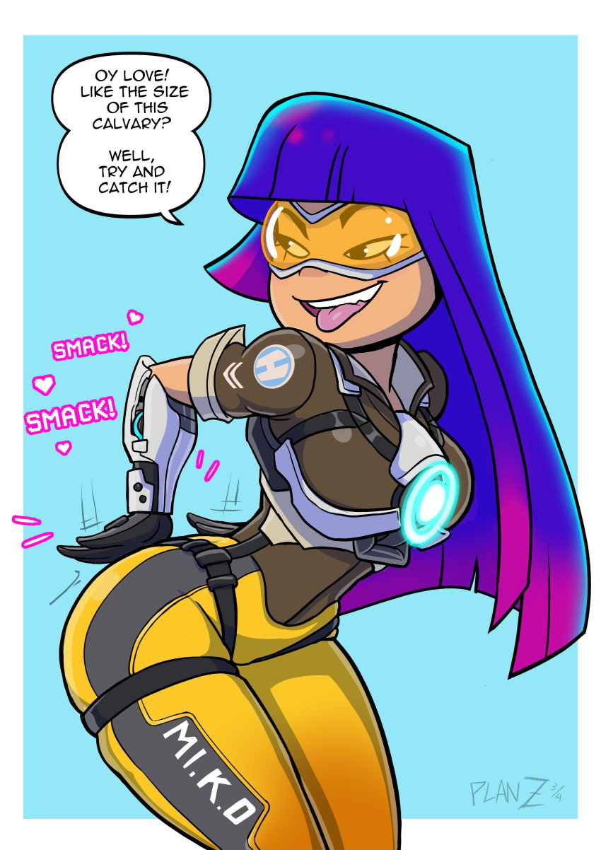 1girls ass big_ass breasts clothing cosplay crossover_cosplay dialogue female female_only glitch_techs looking_back miko_kubota orange-tinted_eyewear overwatch overwatch_2 planz34 slapping_ass slapping_own_ass solo text thick_thighs tinted_eyewear tongue tongue_out tracer_(cosplay) visor wide_hips