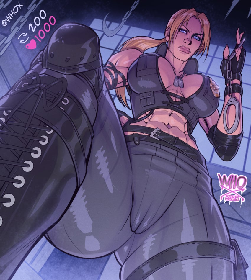 1girls 2d 2d_(artwork) abs badge belt blonde_female blonde_hair blue_eyes boots cameltoe cleavage dog_tags elbow_pads female female_focus female_only fingerless_gloves gloves handcuffs holster knee_pads lips looking_at_viewer looking_down looking_down_at_viewer military mortal_kombat mortal_kombat_(2011) muscular muscular_female netherrealm_studios skin_tight sonya_blade sonya_blade_(mk9) toned toned_female whox