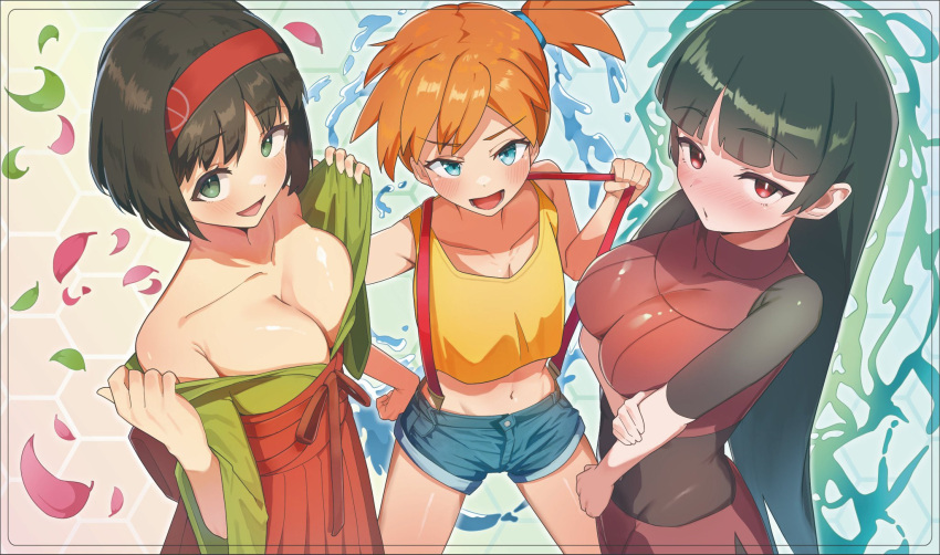 3girls amepa_(ame_pinecandy) black_bodysuit black_hair blue_eyes blunt_bangs blush bodysuit bodysuit_under_clothes breasts cleavage creatures_(company) crop_top erika_(pokemon) female female_only game_freak green_eyes green_kimono hairband hakama highres hime_cut japanese_clothes kasumi_(pokemon) kimono large_breasts long_hair looking_at_viewer midriff misty_(pokemon) multiple_girls navel nintendo open_mouth orange_hair pokemon pokemon_(anime) red_eyes red_hairband red_hakama sabrina_(pokemon) second-party_source short_hair shorts side_ponytail smile suspenders take_your_pick