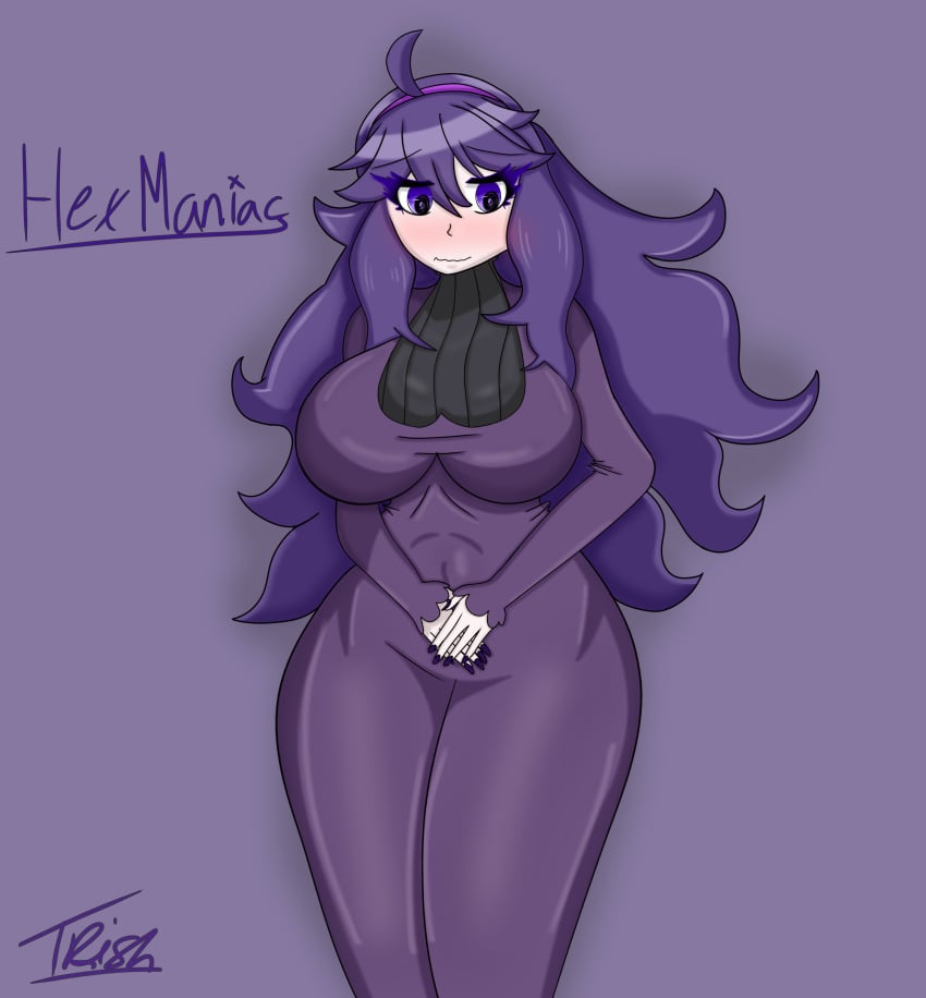 awkward awkward_pose blush gothtrishy hex_maniac huge_breasts light-skinned_female light_skin long_hair long_sleeves looking_down nail_polish pale-skinned_female pale_skin pokemon pokemon_xy purple_background purple_eyes purple_hair shiny_hair shy taller_girl thick_thighs tight_clothing tummy