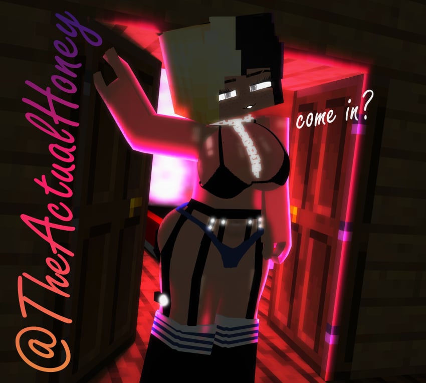 3d big_ass big_breasts big_butt black_and_blonde_hair female honey_(tah) looking_at_viewer mine-imator minecraft seductive_smile theactualhoney