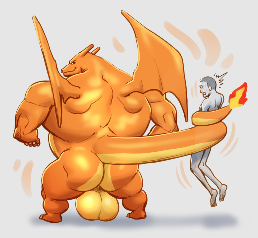 anon anthro ass back_muscles balls bara big_balls charizard duo gay generation_1_pokemon genitals hi_res huge_balls human hyper hyper_balls hyper_genitalia lotolotl male male/male mammal muscular muscular_anthro muscular_male muscular_thighs nintendo non-mammal_balls pokemon pokemon_(species) smug_face wings